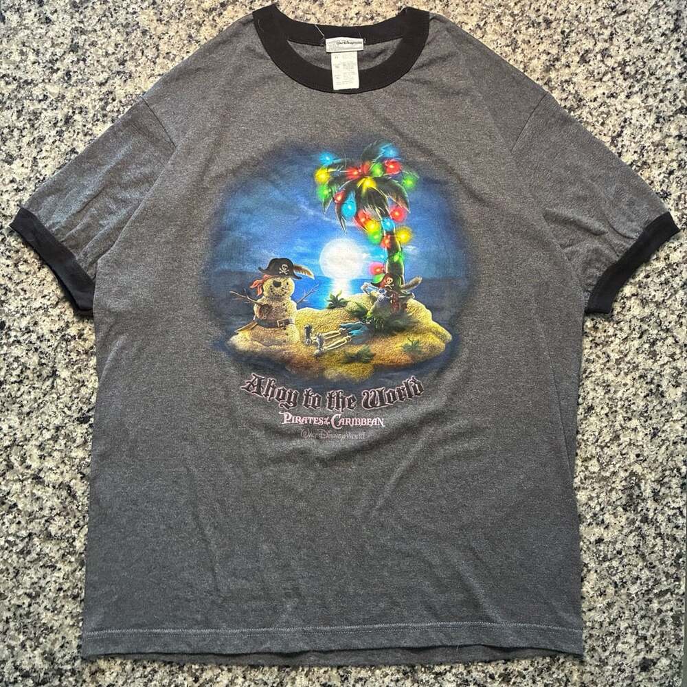 Vintage Pirates of the Caribbean Ahoy to the World Christmas Ringer T-Shirt XL